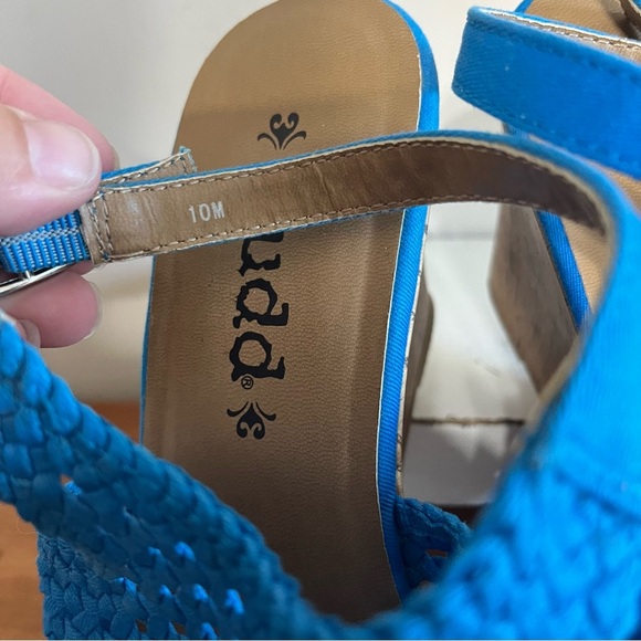 MUDD Woven Wedge Sandals Size 10 Blue Cutout Fabric Ankle Straps Cork Heel - Picture 5 of 6